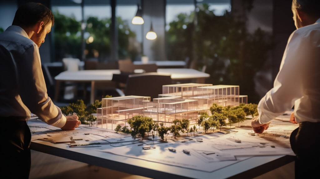 Architects or urban planners working on a commercial project, analyzing a detailed scale model of modern glass buildings surrounded by greenery in a well-lit office setting.