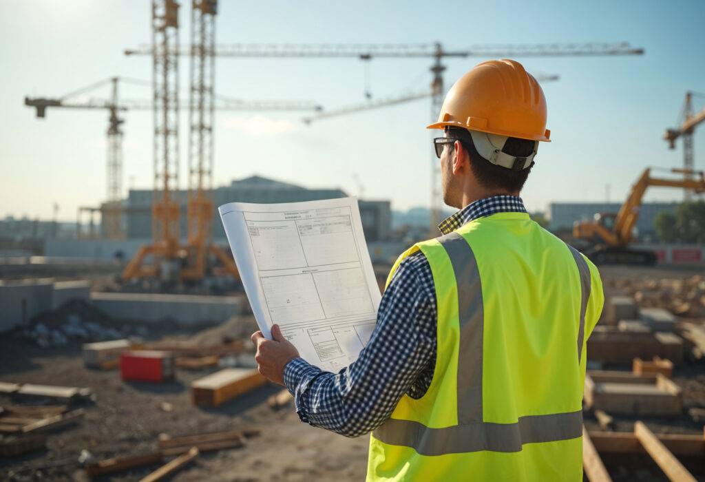 Construction engineer reviewing blueprints at a site for preliminary estimation.