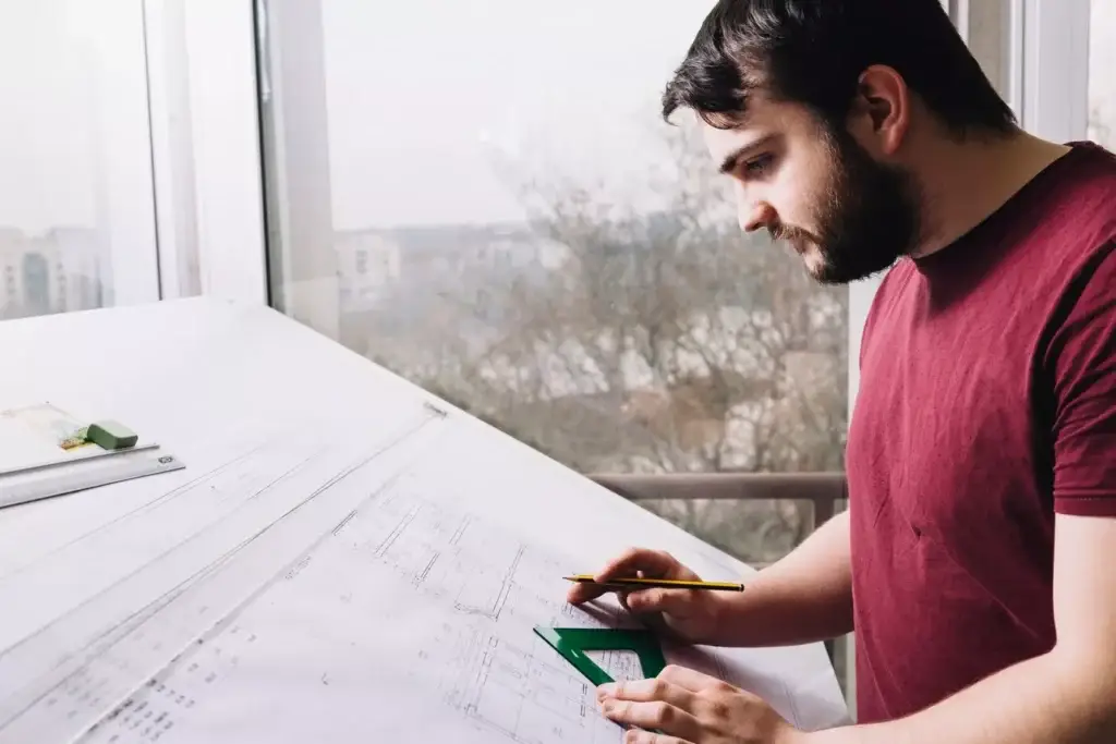 Architect working on blueprints with a scale and pencil, highlighting common construction cost mistakes.