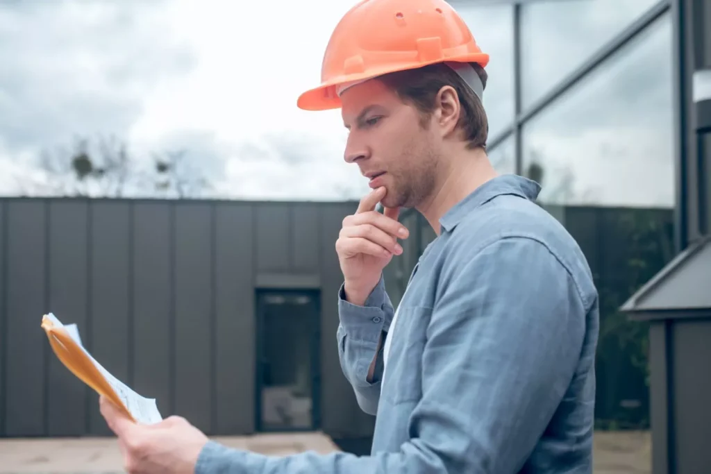 A construction professional in an orange hard hat reviews documents, symbolizing cost estimation services for the industry.