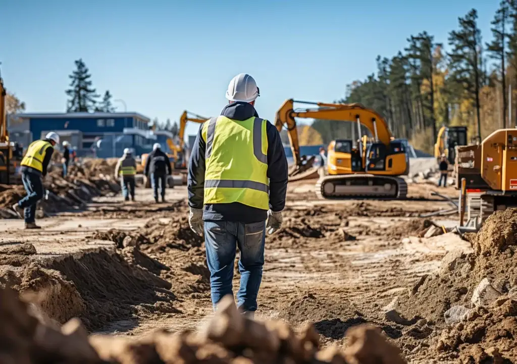 Construction site with workers in safety gear and heavy machinery, focusing on groundwork and preparation, essential for accurate drywall estimating services in large-scale projects.