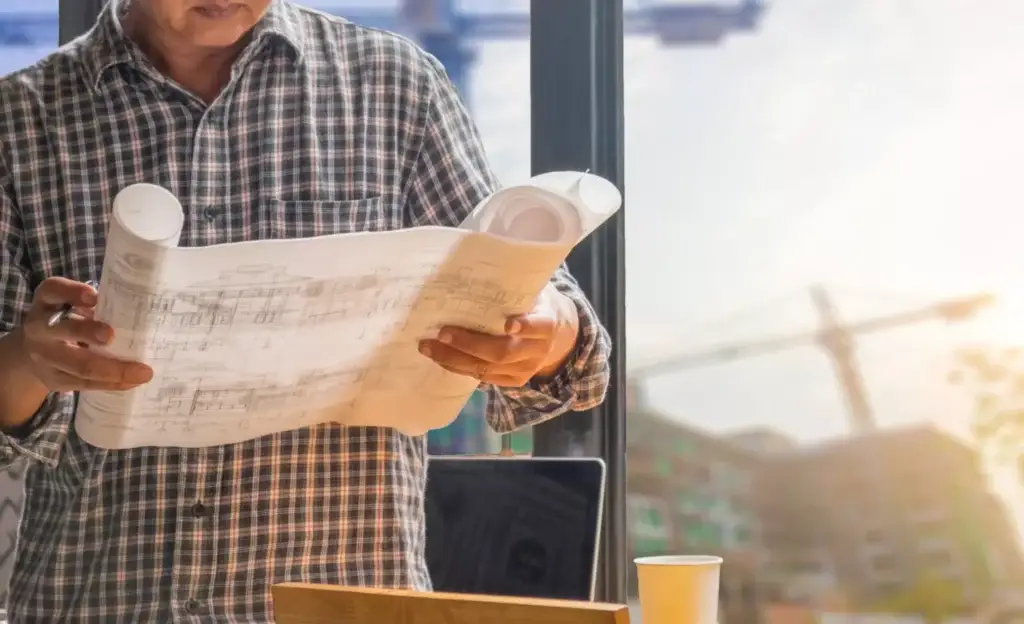 Engineer analyzing HVAC blueprints in a modern office with construction site and cranes visible in the background, representing detailed HVAC estimating services for project planning