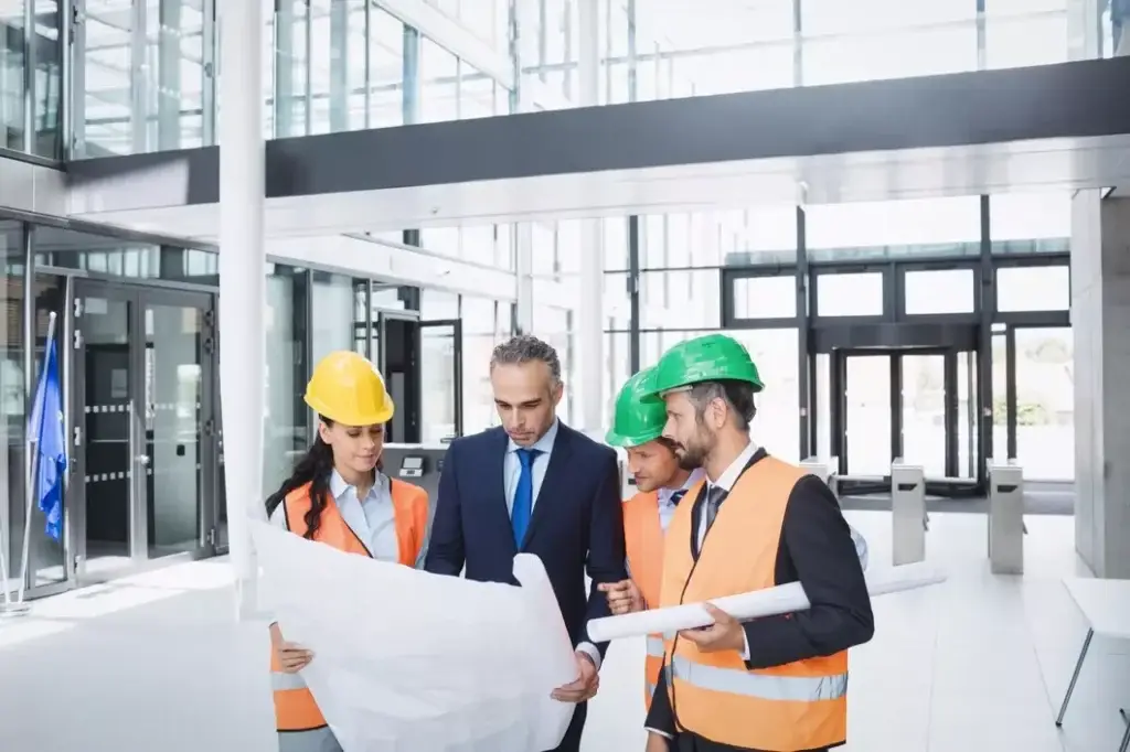 Construction team reviewing blueprints indoors, wearing safety helmets and vests, planning project costs.