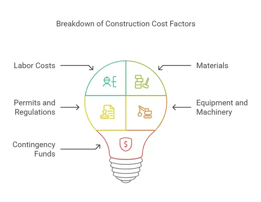 Infographic showing key construction cost factors: labor, materials, equipment, permits, and contingency funds