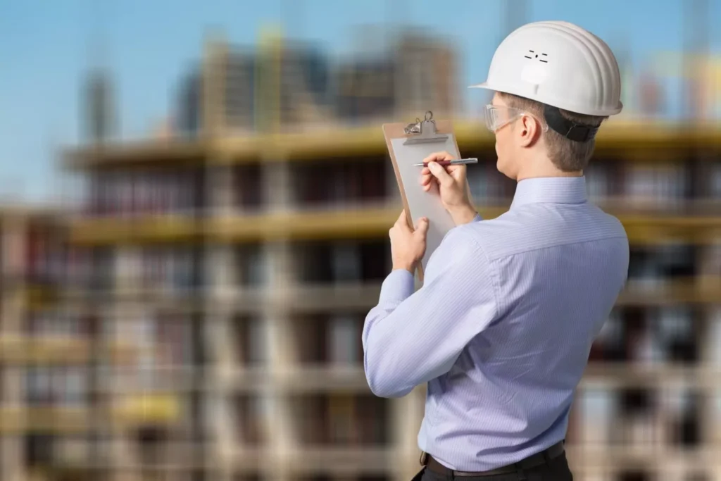 Pre-Construction Services: Engineer or construction manager wearing a white hard hat and safety glasses, inspecting a construction site while taking notes on a clipboard.