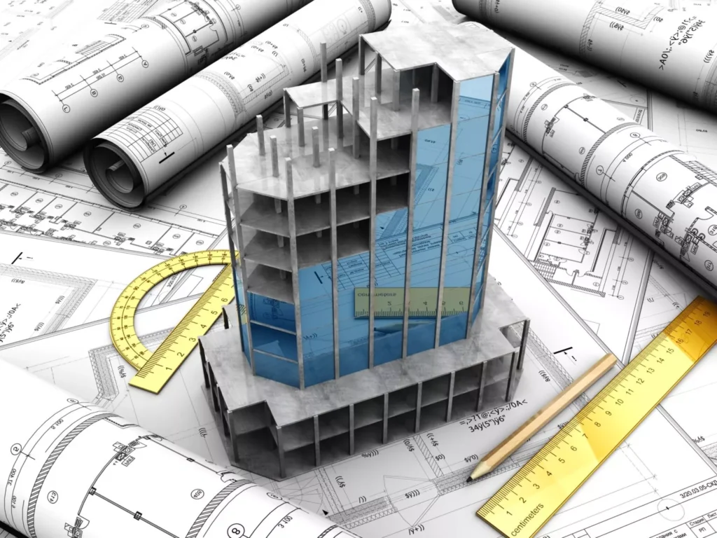 3D model of a residential building under construction placed on architectural blueprints with measuring tools, representing residential estimating services.