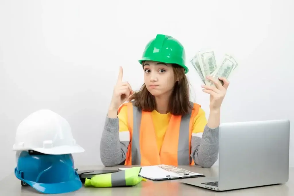 A woman in a green helmet and orange vest holds cash, thinking about construction cost estimation.