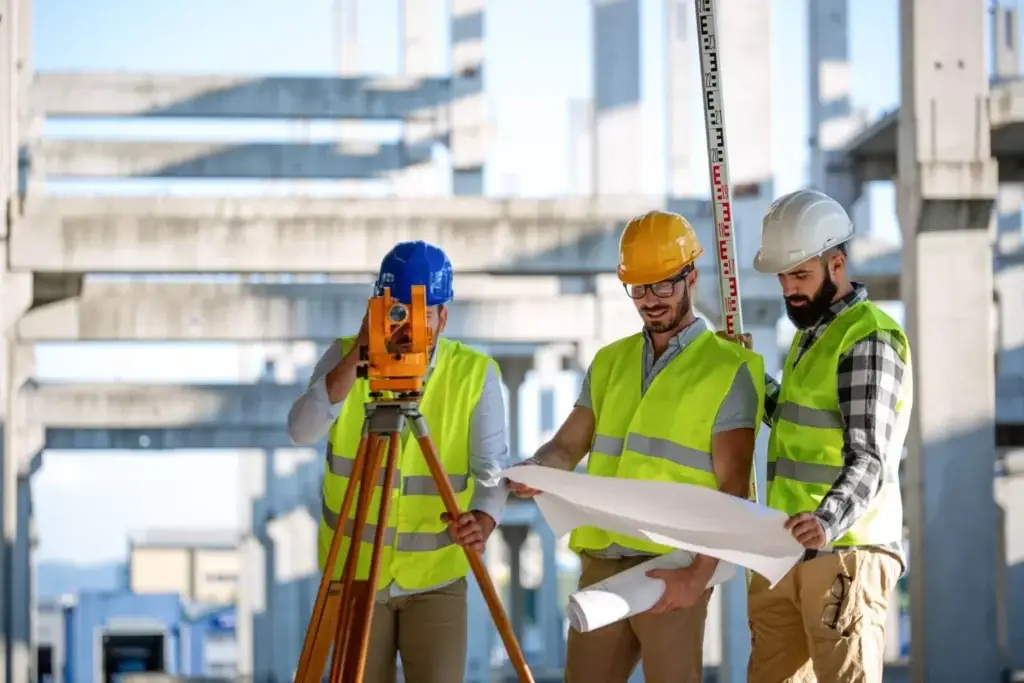 Construction professionals reviewing plumbing estimating services blueprints on-site