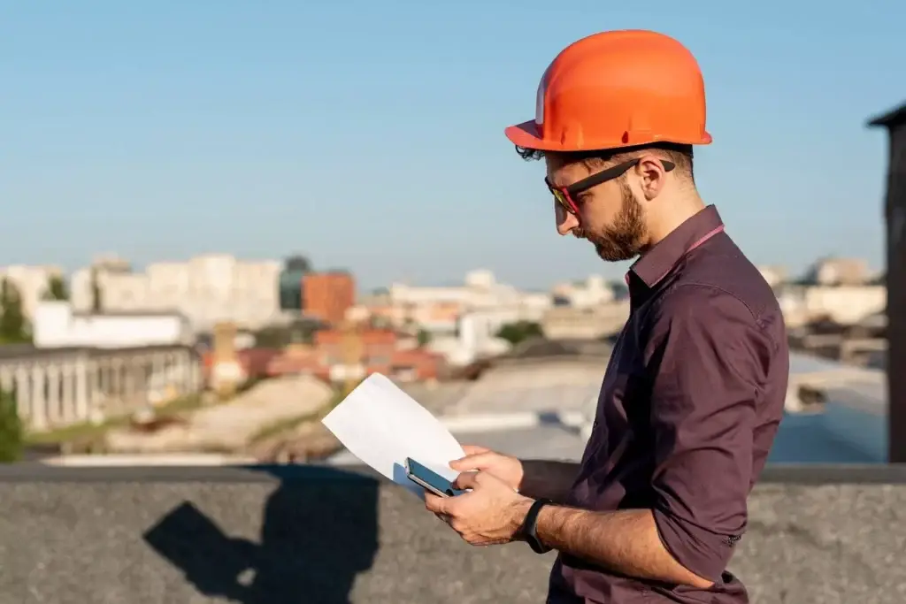 Engineer in hard hat reviewing construction takeoff documents and calculations.