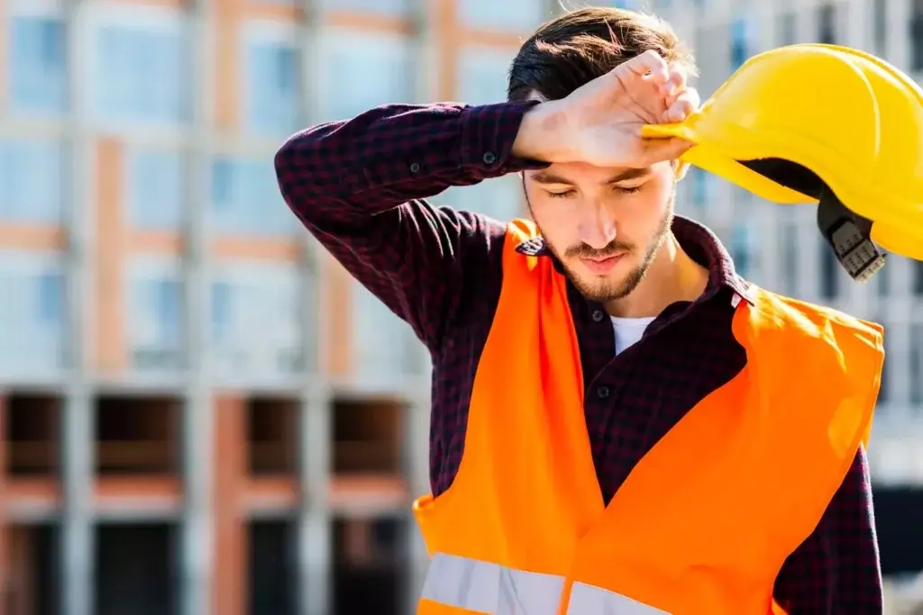 Construction worker wiping sweat, holding hard hat, symbolizing challenges in construction takeoffs.