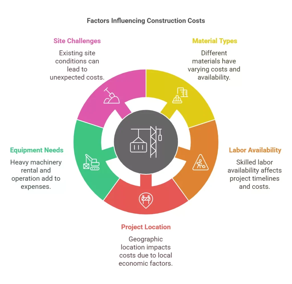 Infographic highlighting key elements influencing construction costs: site challenges, labor, and more.