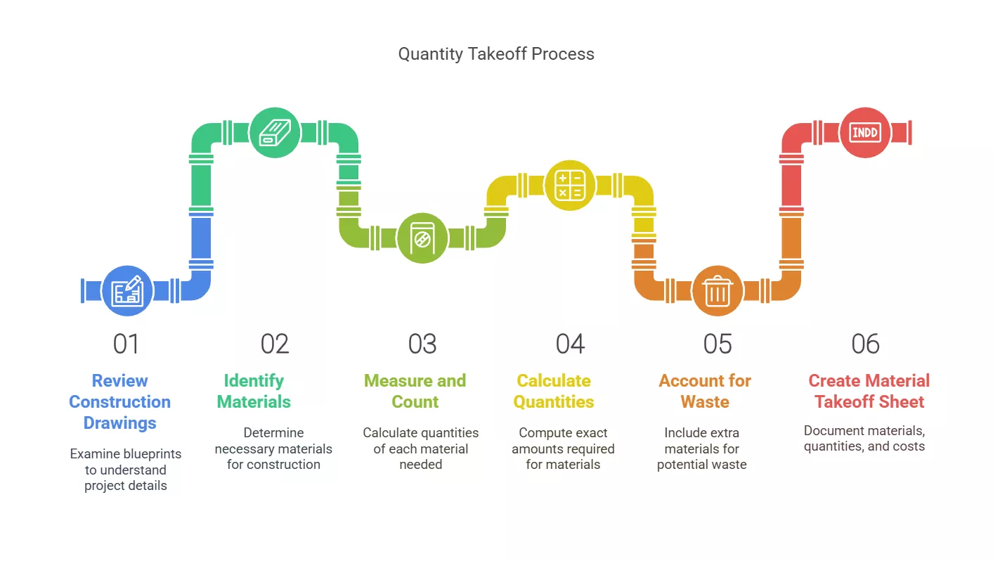 Infographic showing the six steps in the quantity takeoff process: review, measure, calculate, and more.








