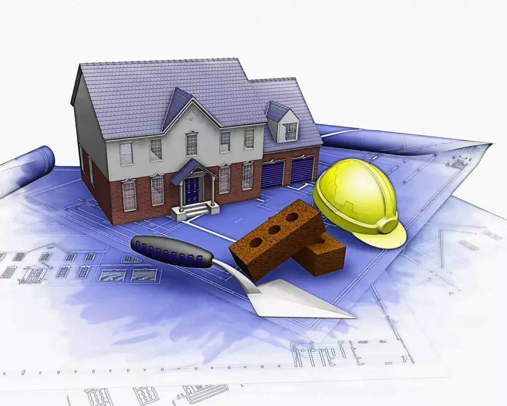 3D-rendered house model on blueprints with a trowel, bricks, and a yellow hard hat, symbolizing different types of construction estimation processes.