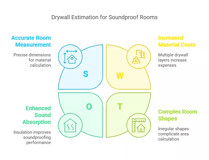 Diagram showing key factors for estimating drywall in soundproof rooms: measurement, cost, and shapes.