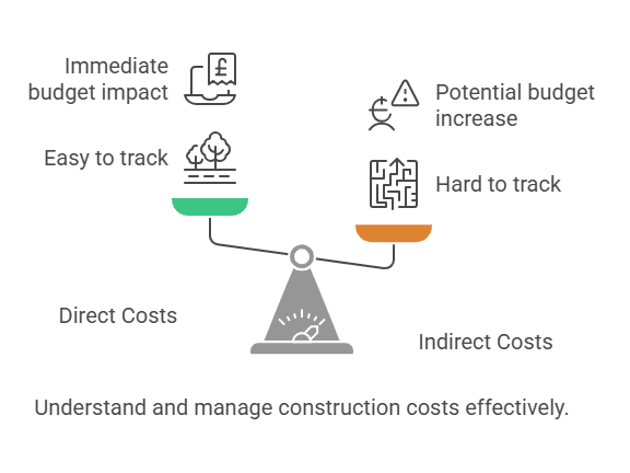 Two types of construction costs: direct (easy to track) vs indirect (hard to track).