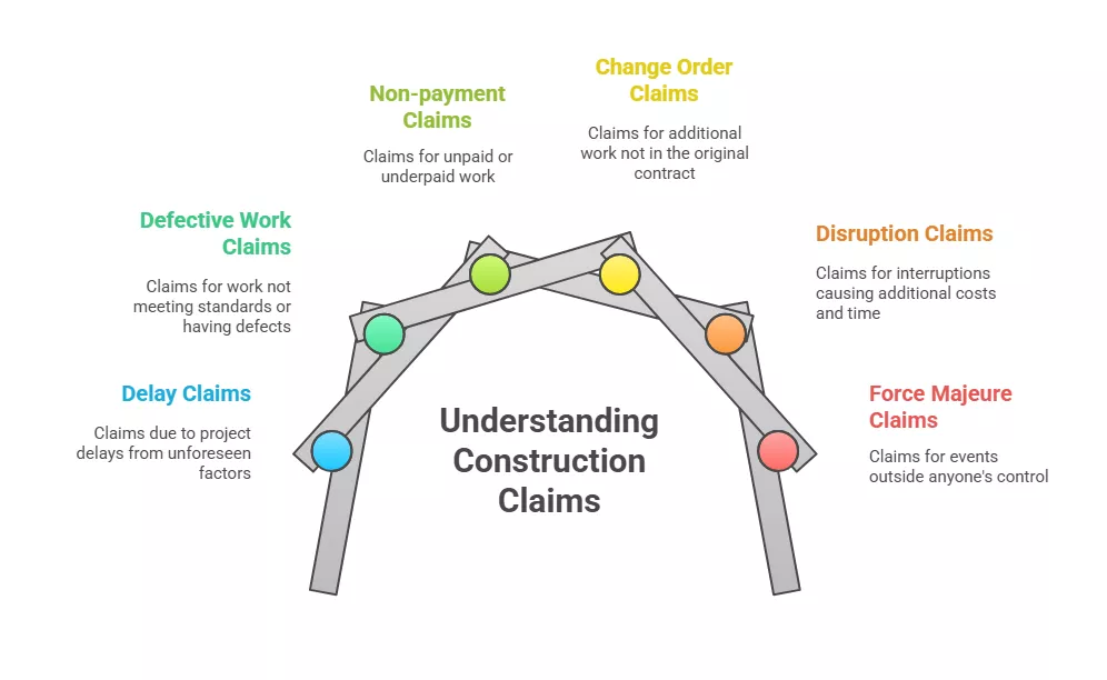 Infographic showing common types of construction claims: delay, defective work, non-payment, etc.