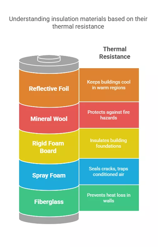 Thermal insulation materials: foil, wool, foam board, spray foam, and fiberglass with uses.










