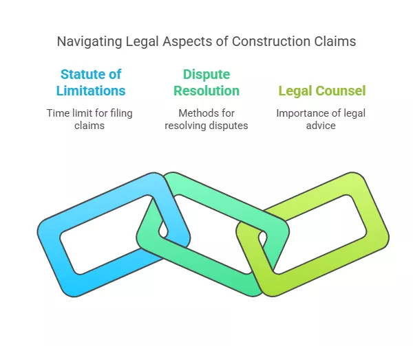 Infographic illustrating legal considerations in construction claims: statute of limitations, dispute resolution, and legal counsel