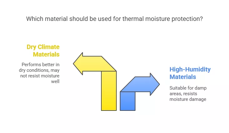 Flowchart comparing materials for thermal moisture protection: Dry climate materials vs. high-humidity materials.








